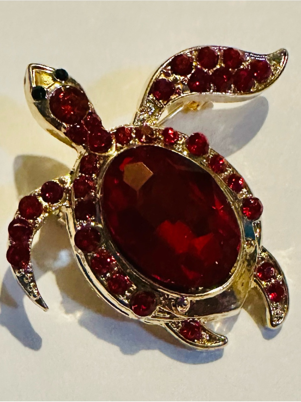 Red Turtle Crystal Brooch Gold Tone